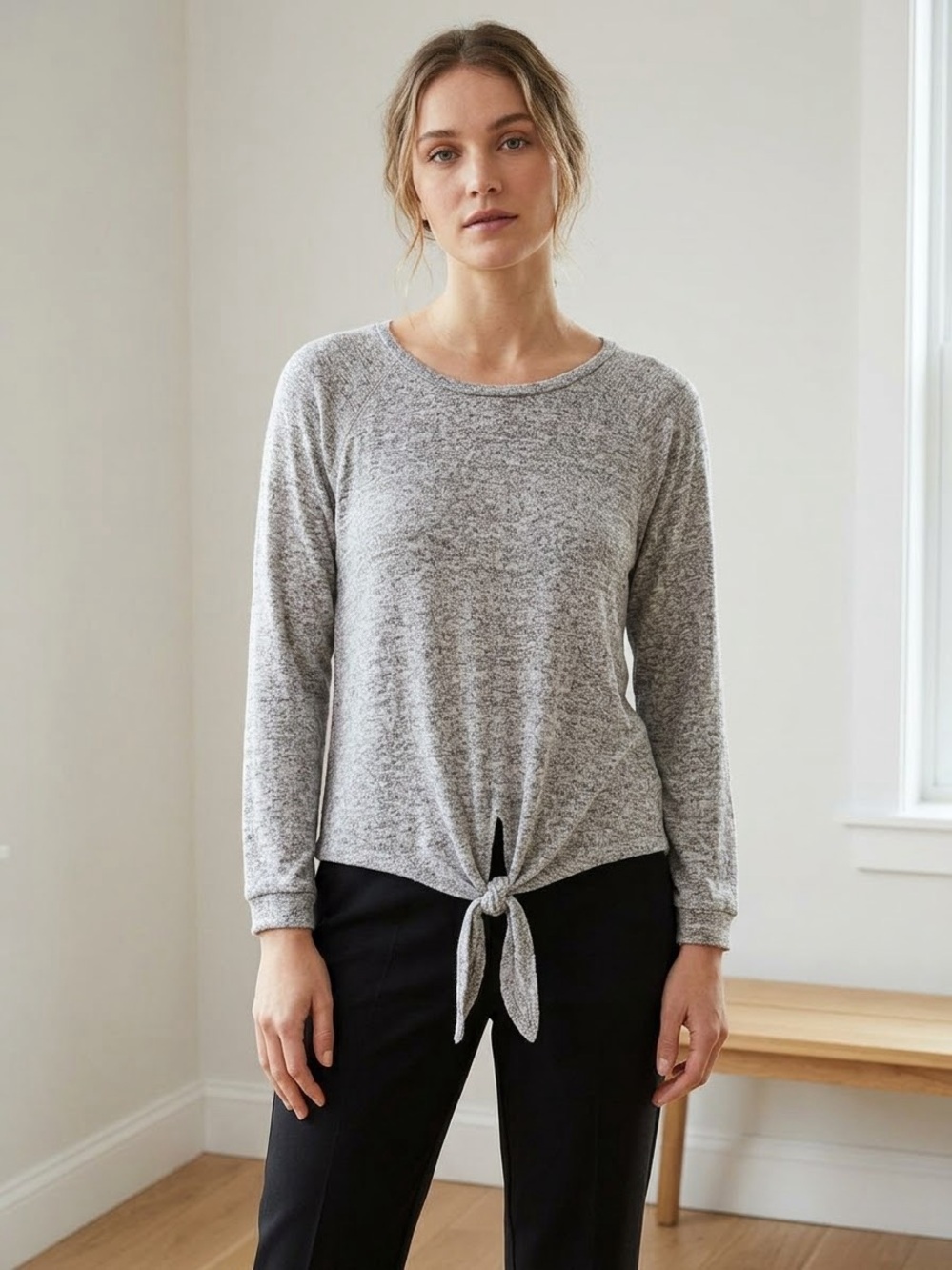 Ellen Tracy Heather Gray Tie Front Knit Long Sleeve Top L